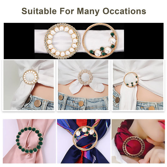 T-Shirt Clips 9 PCS, Clothes Corner Knotted Button, Fashion Alloy Pearl Rhinestone Circle Clip Buckle Round Shirt Silk Scarf Tie Clasp Ring Metal Decoratice Accessories for Women Girls (Type-1)