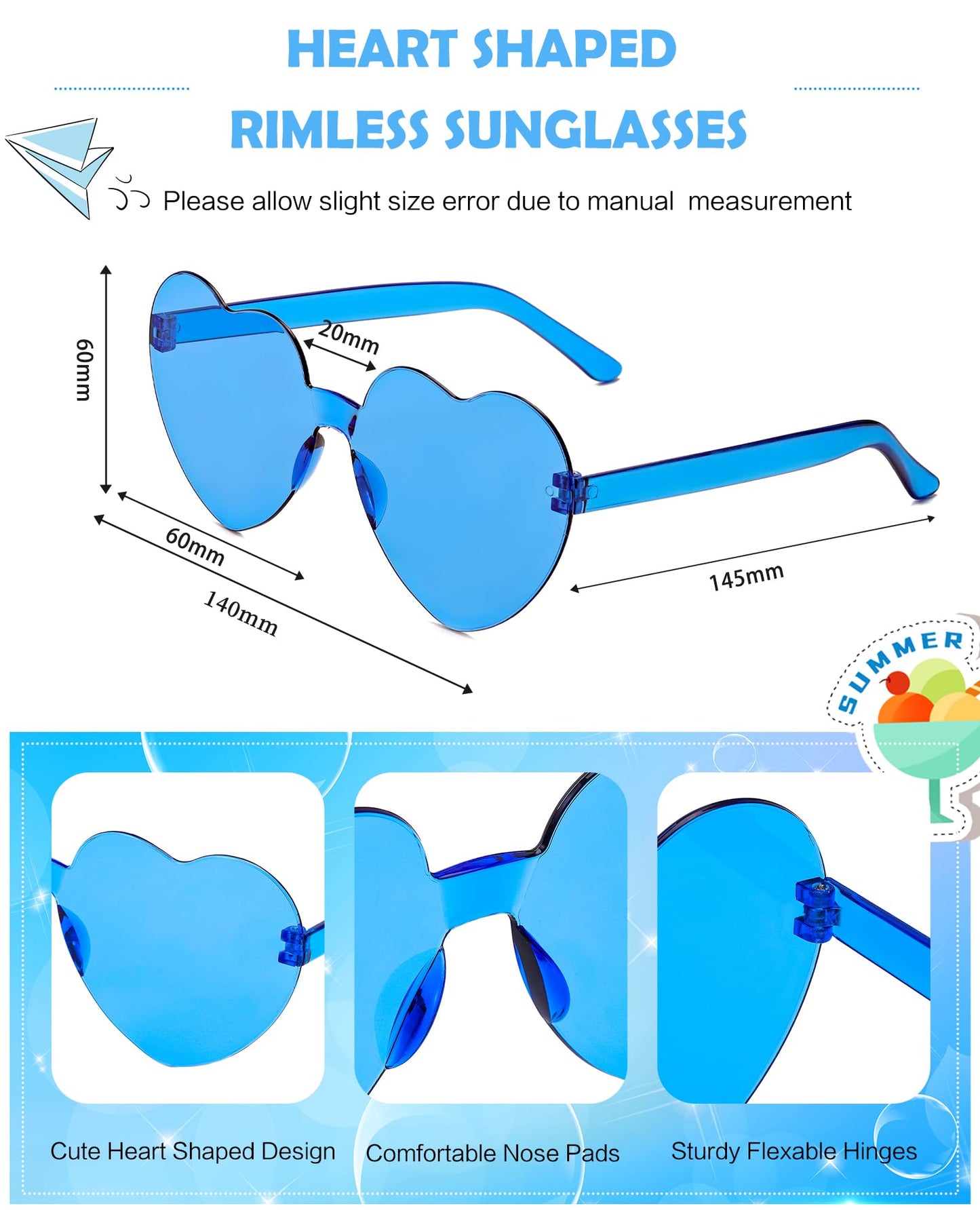 YWL 20 Pairs Blue Heart Sunglasses Bulk Rimless Heart Shaped Sunglasses Fun Heart Glasses for Women Party Favors