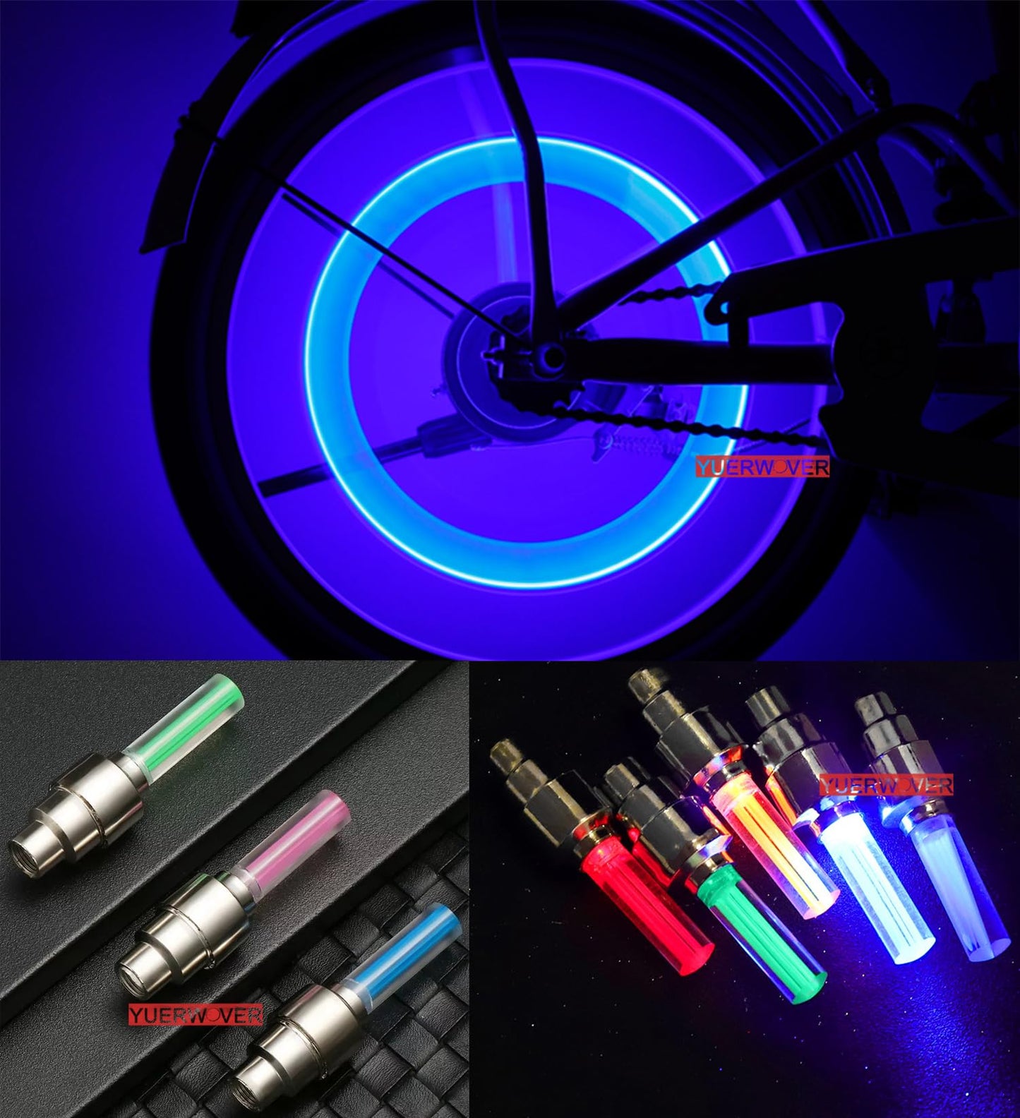 YUERWOVER - Paquete de 4 luces LED para rueda de bicicleta, tapa de válvula de neumático de coche, reflector de luz de flash para neumático de bicicleta, accesorios para niños, hombres y mujeres con 10 baterías adicionales (azul)