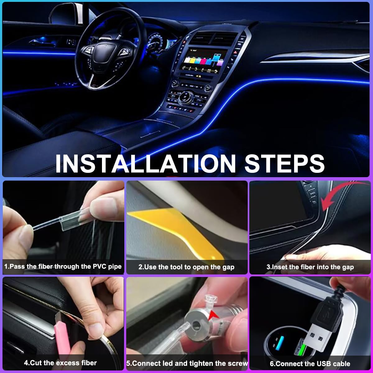 Car LED Interior Strip Lights, TEKSHINNY RGB Car Interior LED Light Wireless APP Button Remote Control, 5 in 1 Fiber Optic Ambient Lighting Kit with 236 Inches, EL Wire Lights for Car Inside