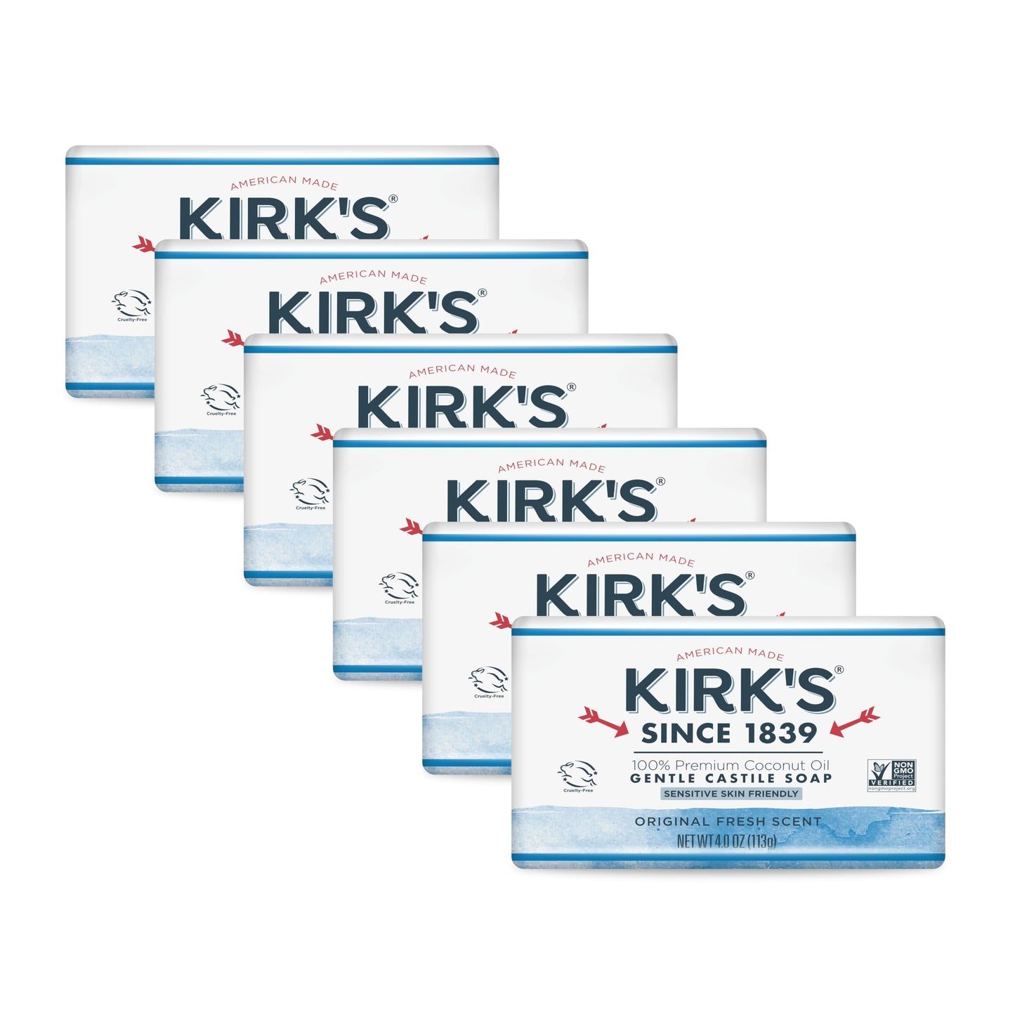 Kirk's Castile Bar Soap for Men, Women & Children - Made With Premium Coconut Oil, Sensitive Skin Formula, Vegan, Non GMO, Original Fresh Scent, 4 oz. Bars, 6 Pack