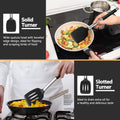 P&P CHEF Black Kitchen Cooking Utensil Set of 4, Silicone Solid Spatulas Slotted Spoons Turners for Non-stick Cookware Flipping Mixing, Heat-proof