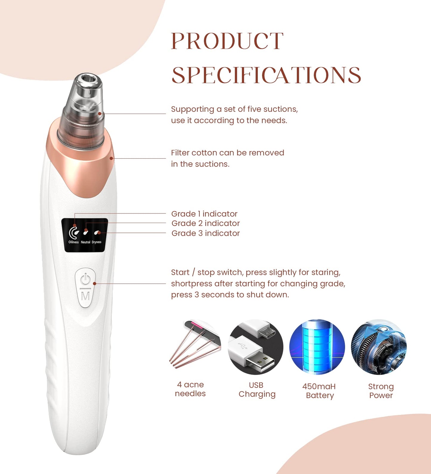 2024 Blackhead Remover Pore Vacuum,Facial Pore Cleaner-5 Suction Power,5 Probes,USB Rechargeable Blackhead Vacuum Kit Electric Acne Extractor Tool for Adult (White)