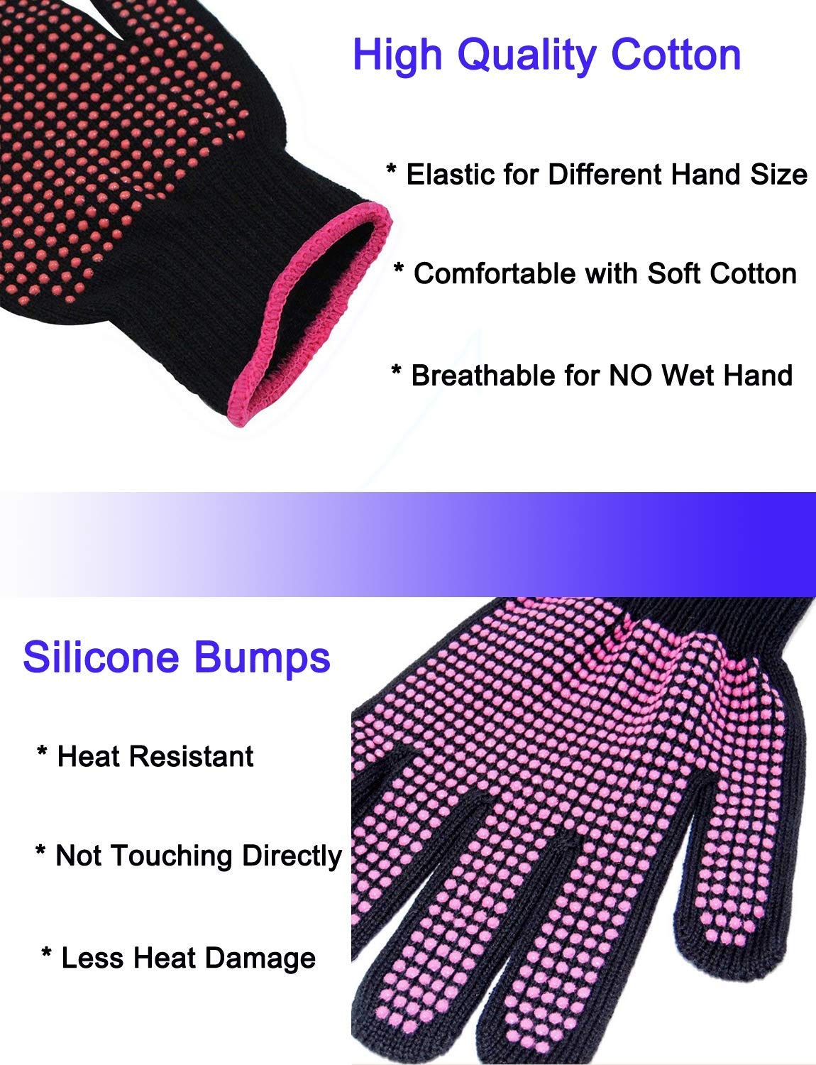 2 Pcs Professional Heat Resistant Glove for Hair Styling Heat Blocking Gloves for Curling, Flat Iron and Hair Styling Tools, Silicone Bump, Pink Edge