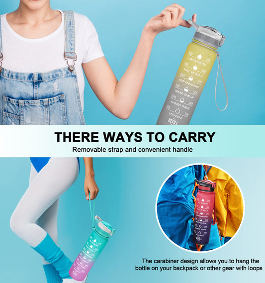 MEITAGIE 32oz Leakproof Motivational Sports Water Bottle with Straw & Time Marker, Flip Top Durable BPA Free Non-Toxic Frosted Bottle Perfect for Office, School, Gym and Workout