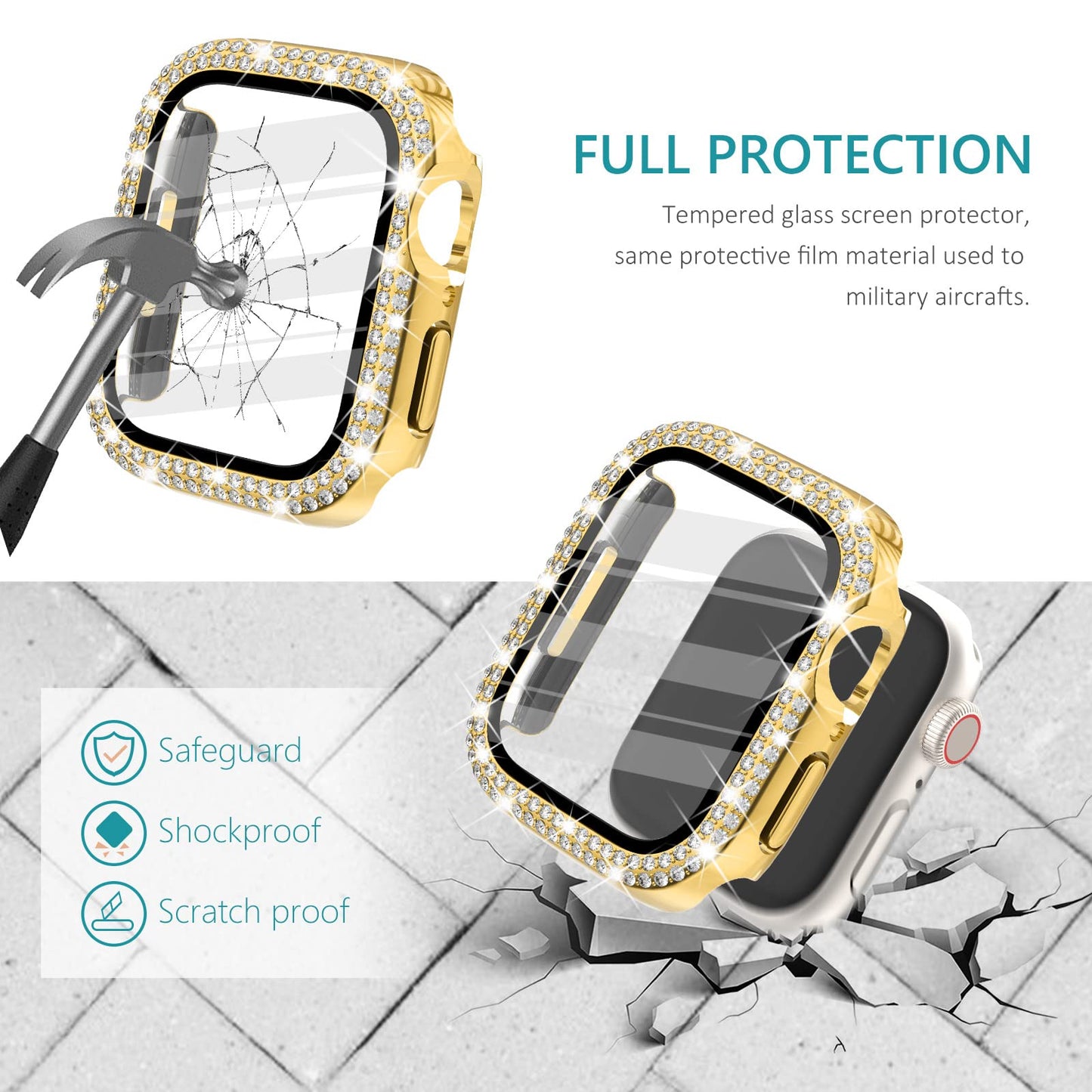 Surace 40mm Case Compatible with Apple Watch Case with Screen Protector, Bling Diamond Overall Protective Case Compatible with Apple Watch Series 6/5/4 SE, 40mm, Gold