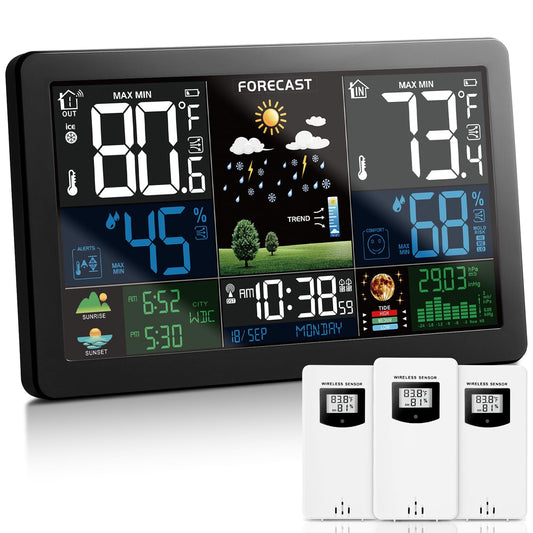 Station météo sans fil, thermomètre intérieur/extérieur avec 3 capteurs à distance et affichage couleur, horloge atomique, station de prévision de thermomètre météo avec heure de lever et de coucher du soleil et niveau de marée