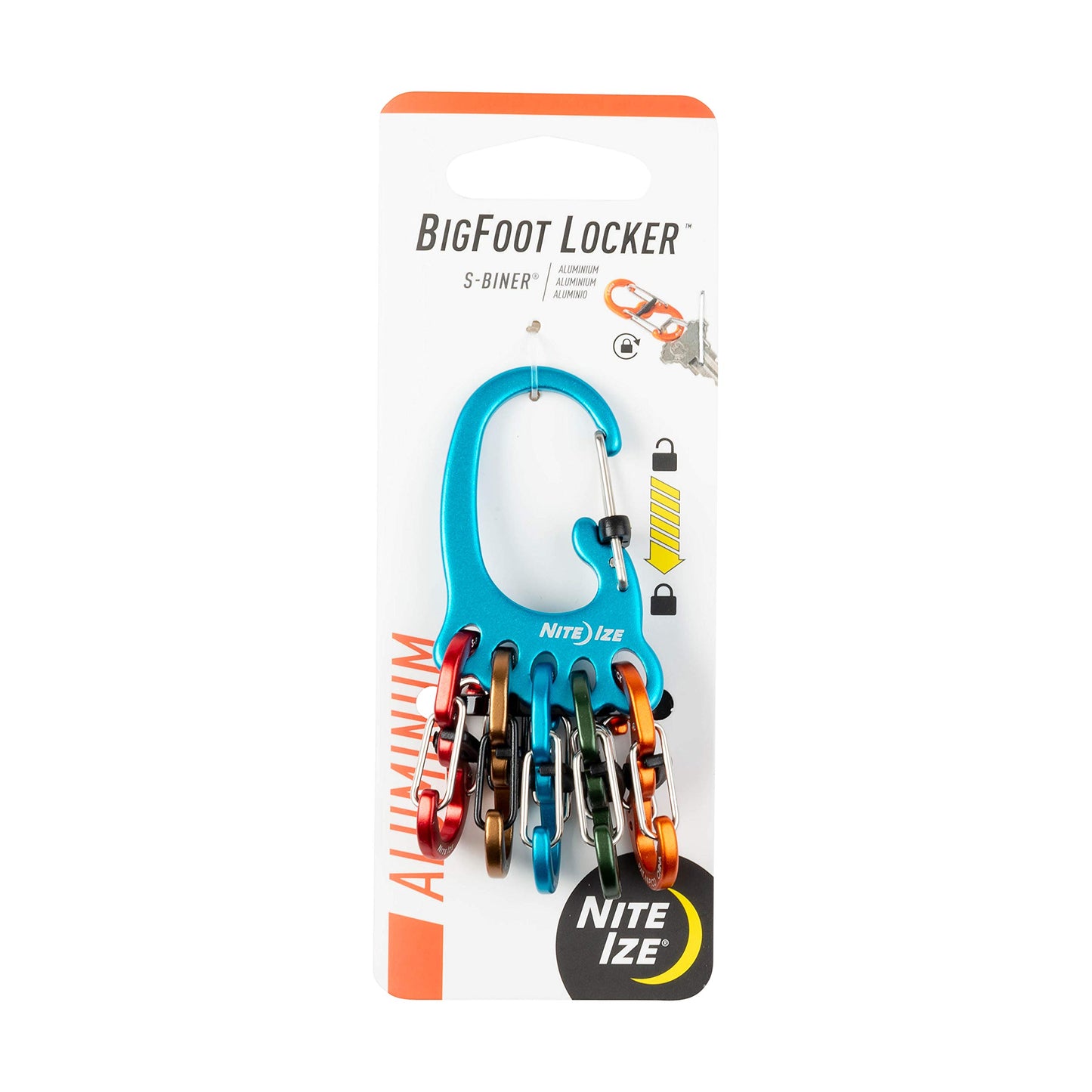 Nite Ize Bigfoot Locker KeyRack - Porte-clés léger en aluminium pour clés de voiture, de maison et autres - Mousqueton à clé avec mousquetons en S - Peut contenir 15 clés à la fois - Équipement de randonnée et essentiels - Aluminium assorti