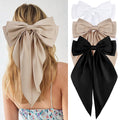 Velscrun 3Pcs Women's Hair Accessories Gifts: White, Black, and Khaki Oversized Satin Hair Bows with Long Tails, Barrettes, and Clips for Girls