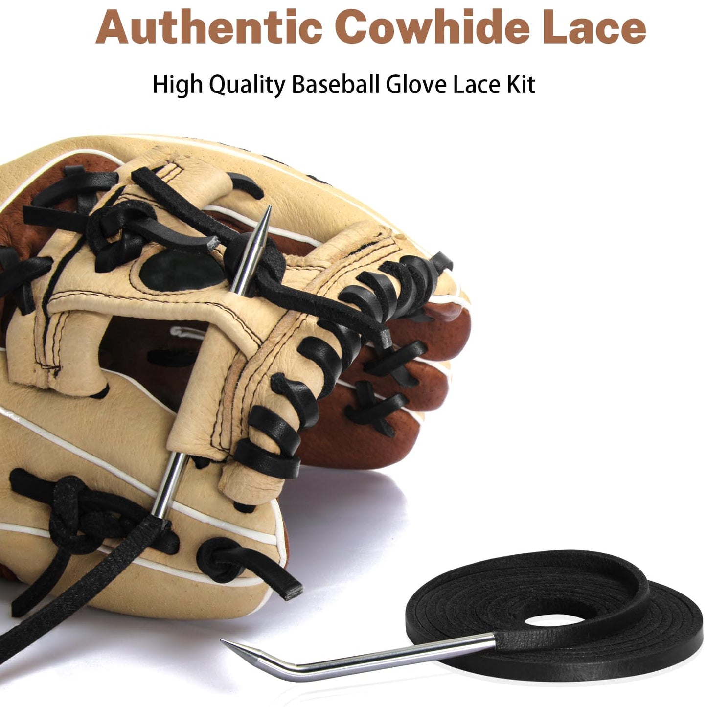 Aeesio Softball Baseball Glove Lace, Mitt Lace Repair Kit Includes 2 Leather Laces and Lacing Needle for Catcher's Glove (Black)