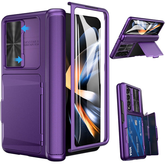 Viaotaily for Samsung Galaxy Z Fold 4 Case with Card Holder & Slide Camera Cover, Built-in Screen Protector & Hinge Protection, Shockproof Durable Wallet Phone Case for Galaxy Z Fold 4, Dark Purple