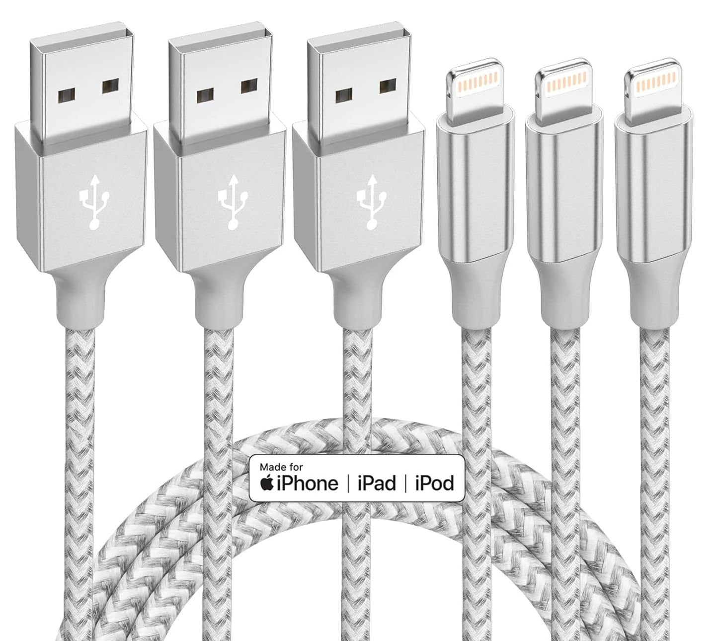 Chargeur iPhone Lot de 3 câbles Lightning en nylon tressé certifié Apple MFi de 10 pieds Cordon de charge rapide compatible avec iPhone 13 12 11 Pro Max XR XS X 8 7 6 Plus SE iPad et plus