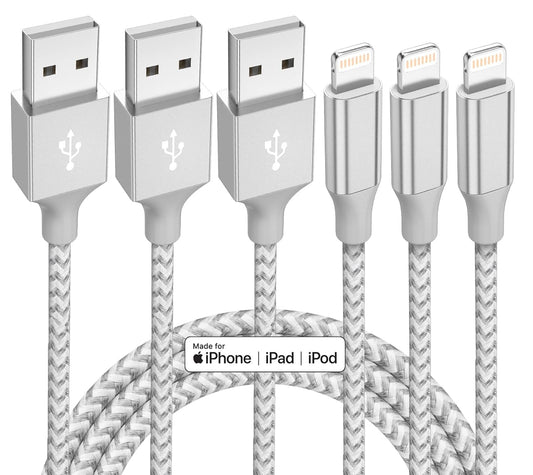 Chargeur iPhone Lot de 3 câbles Lightning en nylon tressé certifié Apple MFi de 10 pieds Cordon de charge rapide compatible avec iPhone 13 12 11 Pro Max XR XS X 8 7 6 Plus SE iPad et plus