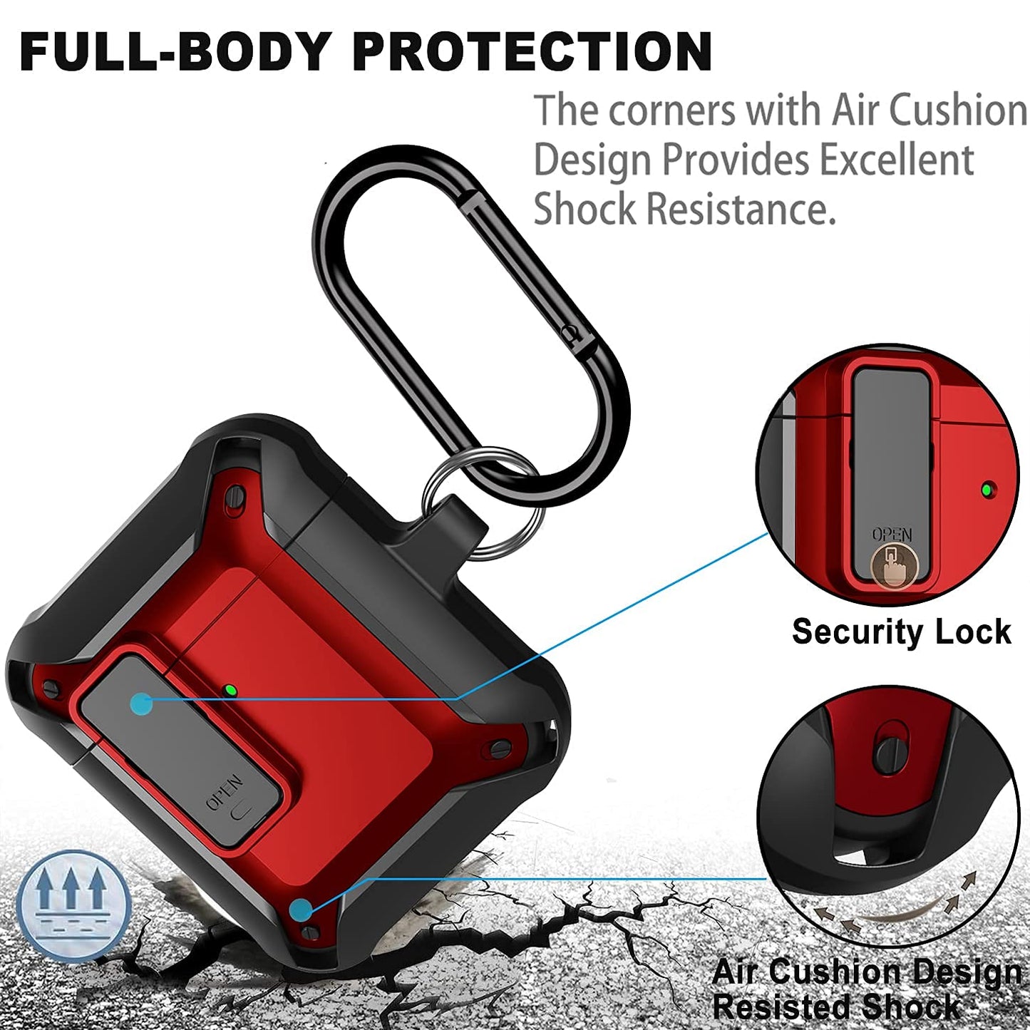 Wonjury Étui Airpod Armor Secure Lock amélioré pour hommes avec kit de nettoyage, étui pour écouteurs, étui de protection antichoc pour Apple AirPod 2 et 1 sans fil pour femmes (noir/rouge)