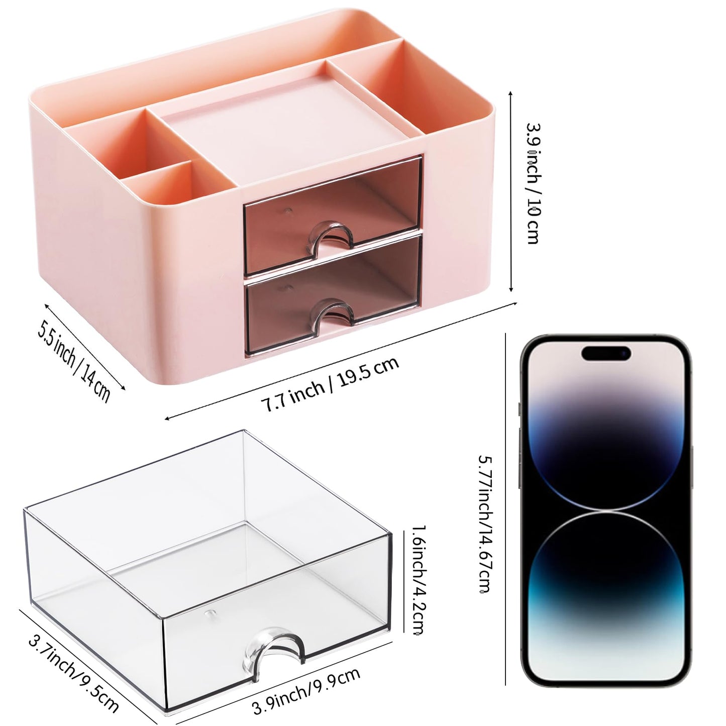 Organiseur de bureau Moikiwi avec 2 tiroirs, organisateur de fournitures de bureau pour bureau, accessoires de bureau mignons avec plastique, porte-stylo pour comptoir de bureau, rose