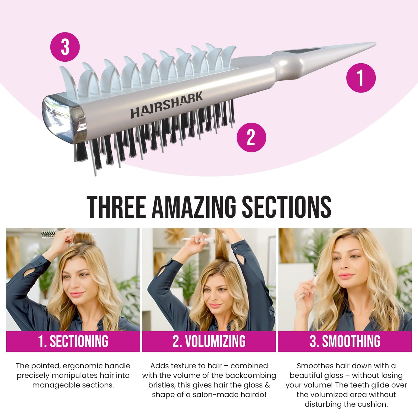 HAIRSHARK 3-in-1 Volume Hair Brush, Two-Sided Backcombing/Scalp Brush w/Boar and Polymer Bristles, Easy To Use Styling Comb for All Hair Types, Volume, Blow Dry Look, & Wave Brush