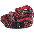 FIORETTO Ceinture en cuir avec strass pour homme et femme, motif tête de mort, style western, diamant brillant, cow-girl, cowboy, pour jeans et pantalons, rouge