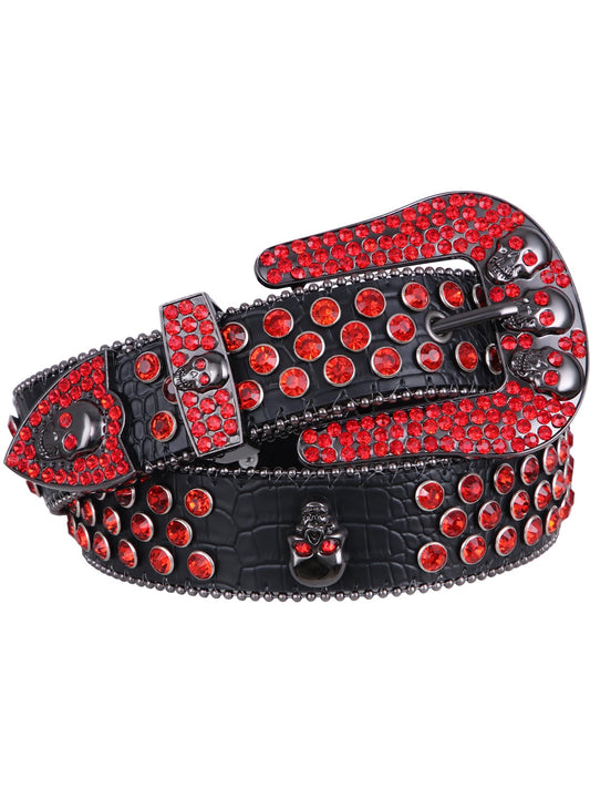 FIORETTO Ceinture en cuir avec strass pour homme et femme, motif tête de mort, style western, diamant brillant, cow-girl, cowboy, pour jeans et pantalons, rouge