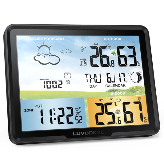 Station météo sans fil avec thermomètre intérieur et extérieur, thermomètre numérique à écran couleur, moniteur d'humidité avec horloge atomique, station de prévision avec calendrier et rétroéclairage réglable pour la maison