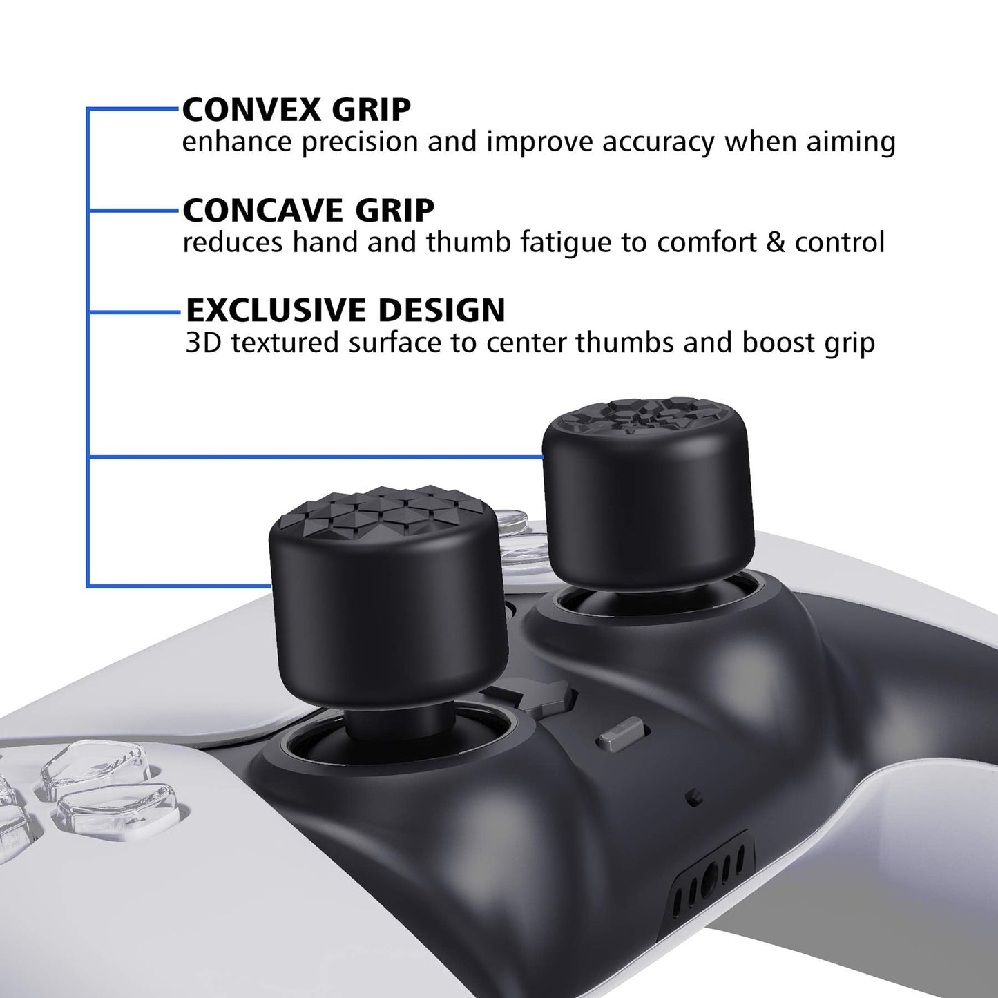 Empuñaduras ergonómicas negras para el pulgar para PS5, PS4, Xbox Series X/S, Xbox One, Xbox One X/S, Switch Pro Controller, con 3 alturas convexas y cóncavas, diseño de grano de diamante y bomba de grietas