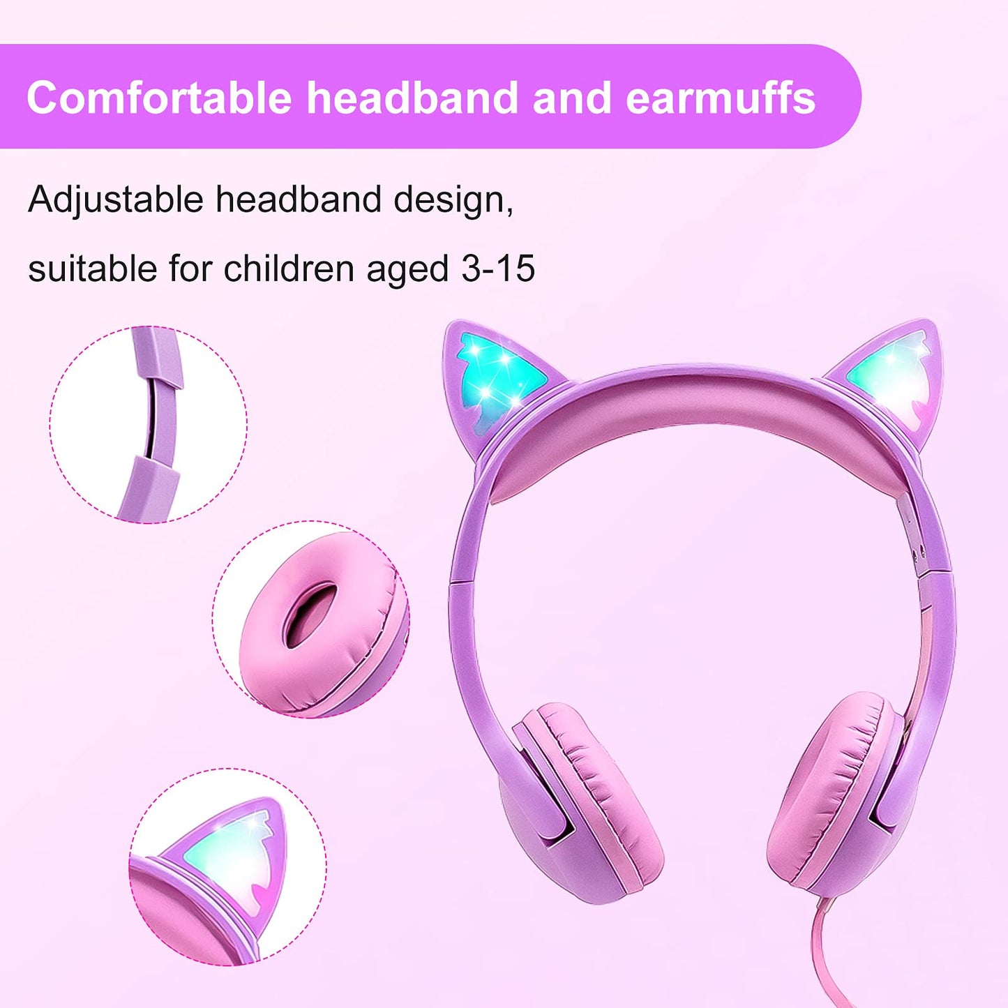 Olyre Kids Headphones, Safe 85db Volume Control Light Up Cat Ear Headphones for iPad Fire Tablet Kindle, On-Ear LED Children Headphones for School Learning Travel - Purple/Pink