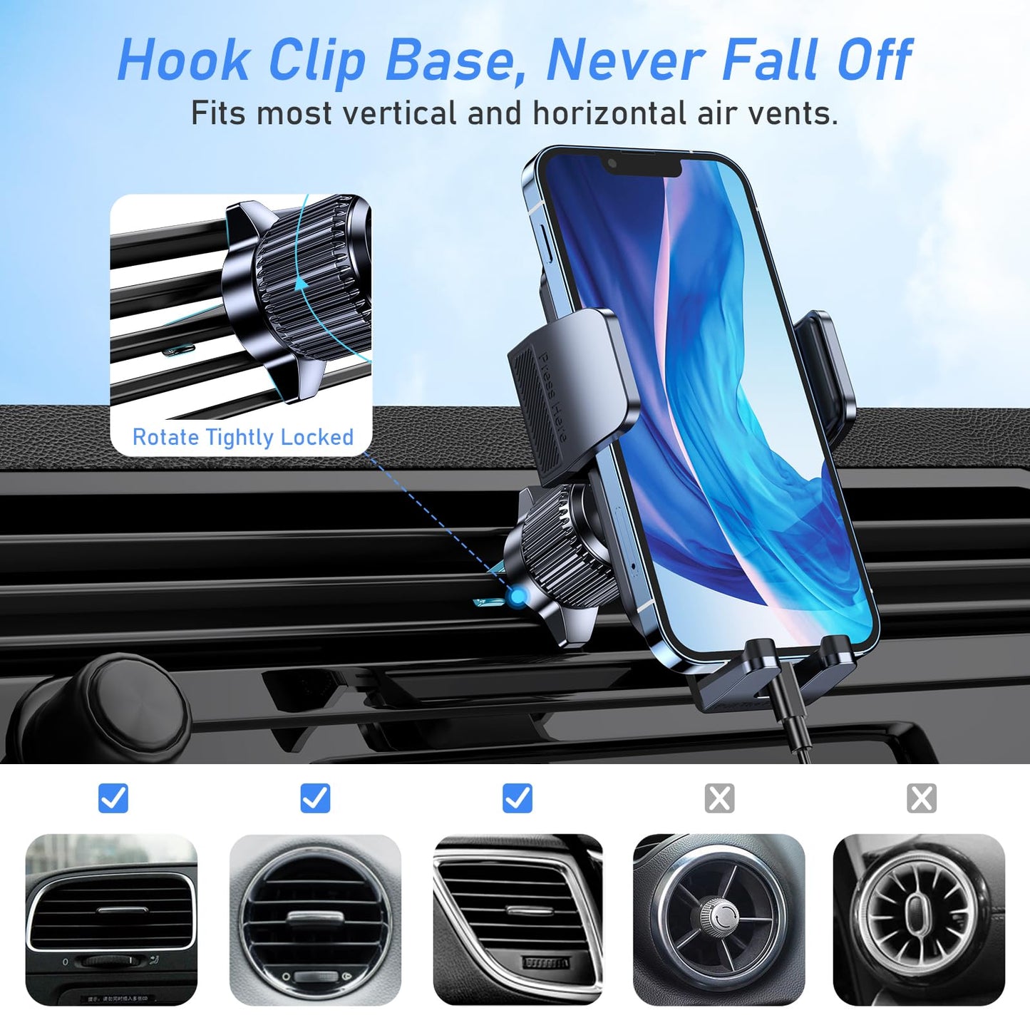 Car Phone Holder Mount, Super Stable Air Vent Cell Phone Car Mount with 2024 Metal Hook Clip, 360° Rotation,One Button Release for iPhone, Samsung, Google, and All Other Smartphones