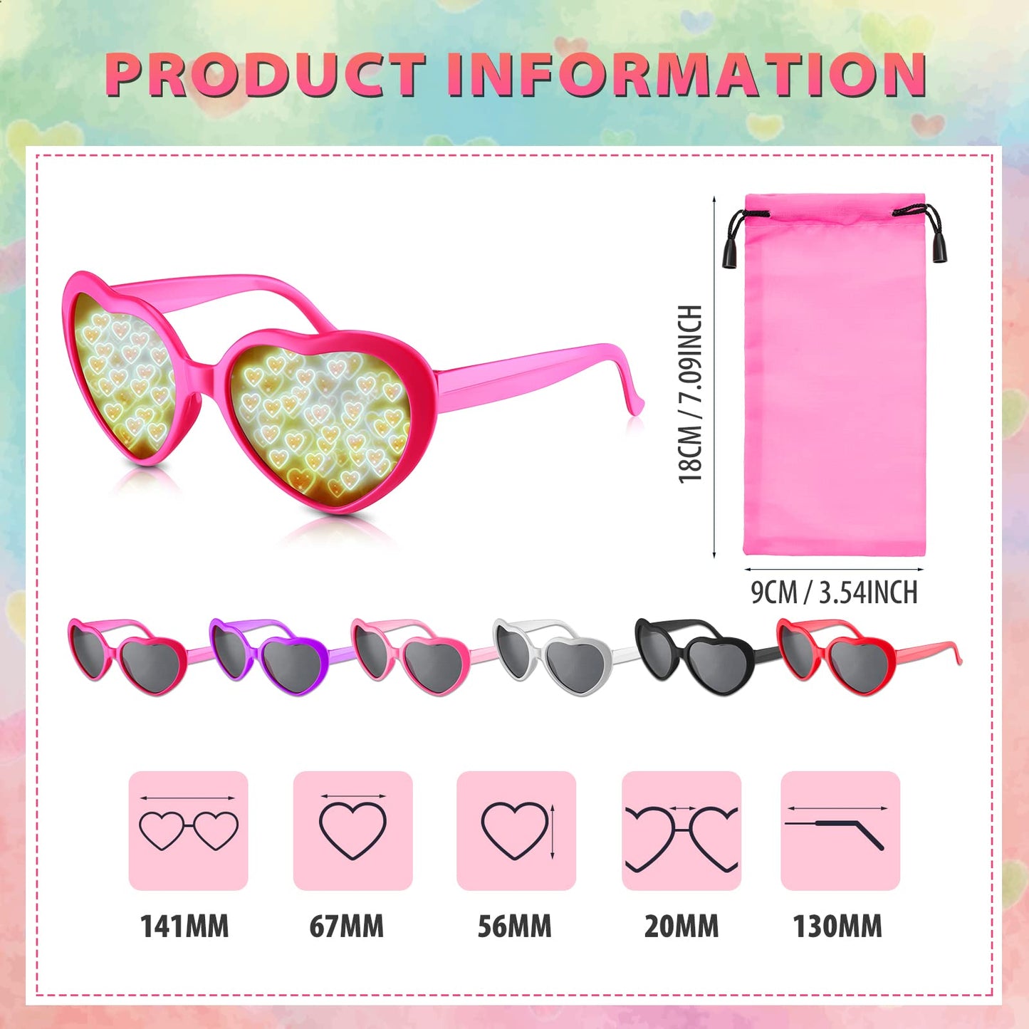 Konohan Lot de 6 paires de lunettes de soleil à effet cœur Diffraction Festival Rentrée scolaire Fête Lumière changeante Cœur et 6 pièces en microfibre Lunettes Gadgets Pochette de rangement fine et souple avec fermeture à cordon