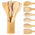 Bamboo Wooden Spoons for Cooking 7 Piece - Bamboo Cooking Utensils Set with Holder Wooden Spoons Spatula for Cooking Nonstick Wood Kitchen Utensil Set (7 Pcs)