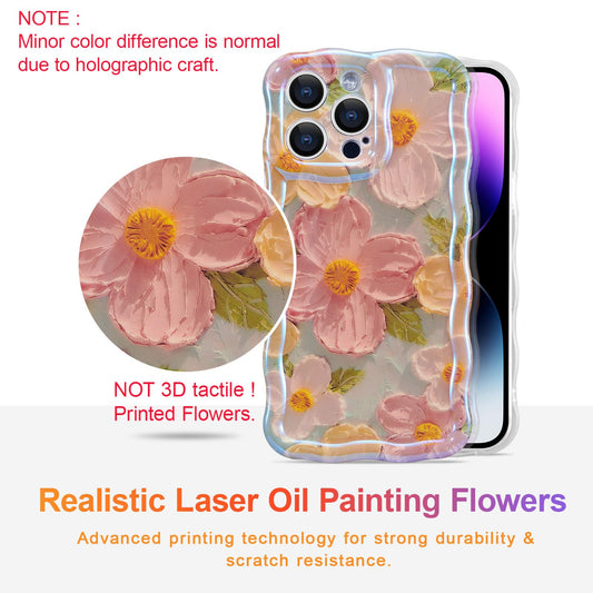 iPhone 13 Pro, Colorful Retro Oil Painting Printed Flower Laser Glossy Pattern Cute Curly Waves Border Exquisite Phone Cover Stylish Durable TPU Protective Case for Girls Women -Green