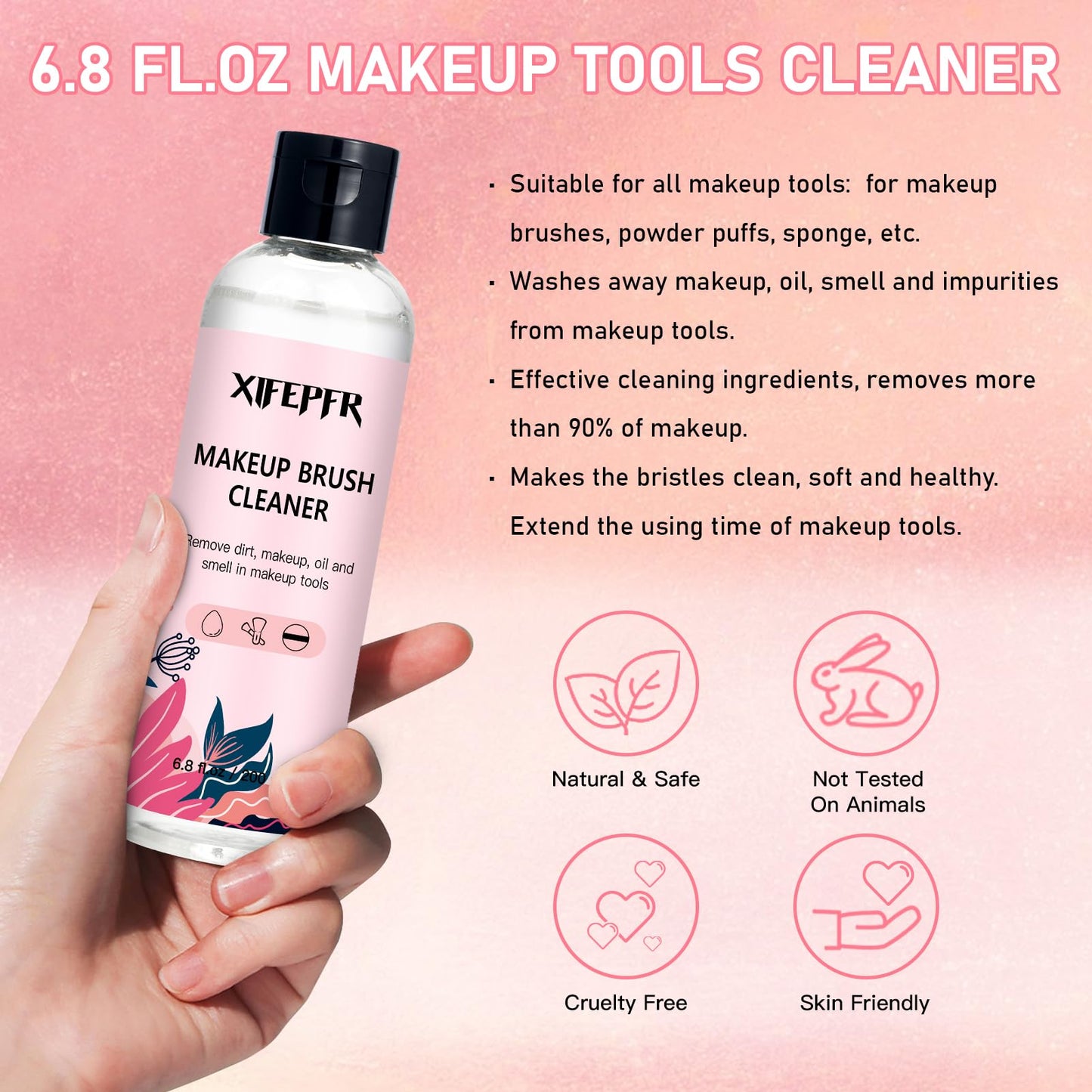 XIFEPFR Makeup Brush Cleaner, 6.8 Fl Oz Make Up Brush Cleaner Cleanser, Makeup Brush Cleaner Solution for Brushes, Sponge and Puff, Makeup Brush Shampoo with 2pcs Cleaning Mat, Gifts for Women