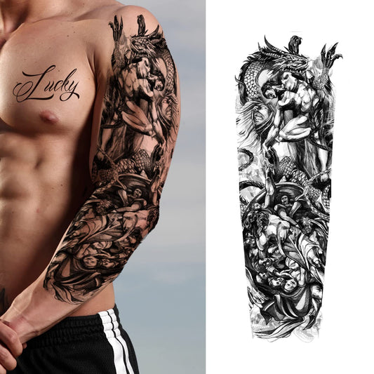 PADOUN Animal Temporary Tattoo Sleeve, 8-Sheet Large Temporary Tattoos Women Full Sleeve Temporary Tattoos, Wolf Lion Tiger Tattoos for Adults Men Waterproof Black