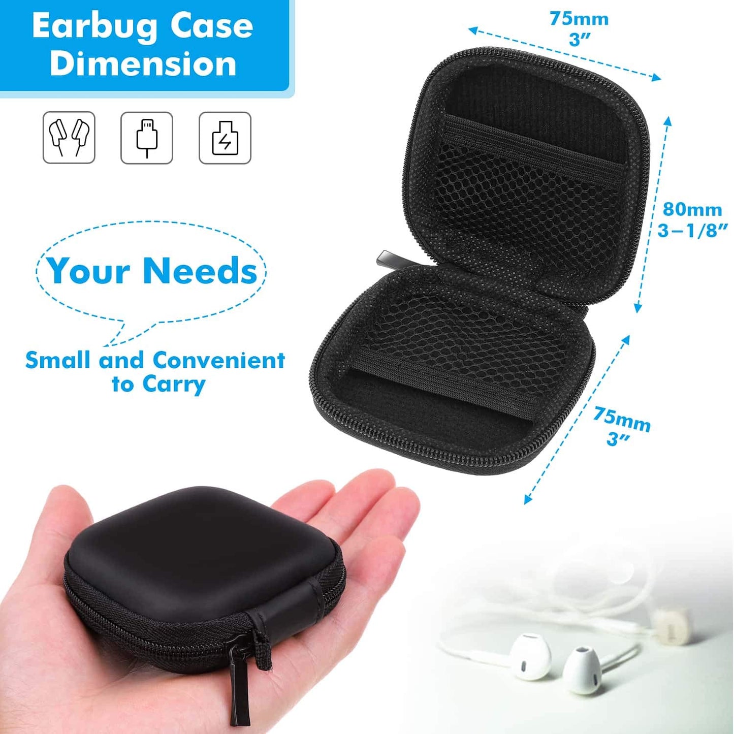 Earbud Case, Earphone Case Headphone EVA Earbud Holder with Stainless Steel Carabiner Cell Phone Accessories Organizer Mini Earbud Pouch for Wireless Earbuds, Bluetooth Headset, SD Memory Card