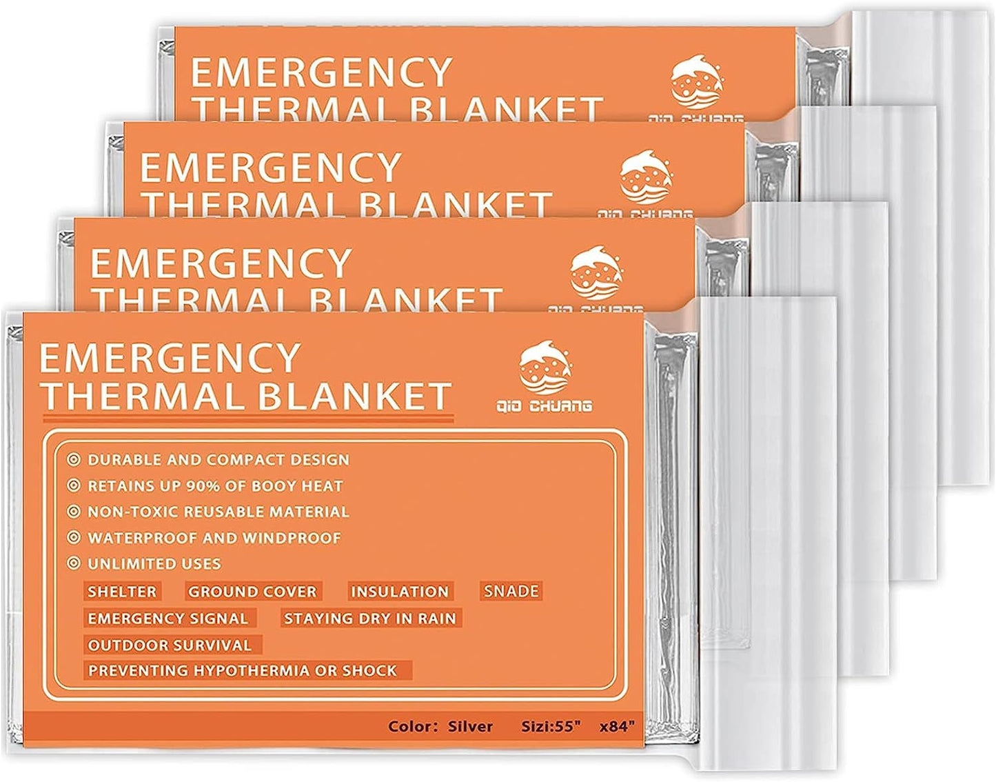 QIO CHUANG Couvertures thermiques d'urgence en Mylar - Kit de survie pour couverture de camping (lot de 4). Parfait pour l'extérieur, la randonnée, la survie, le sac d'évacuation, les marathons ou les premiers secours 1