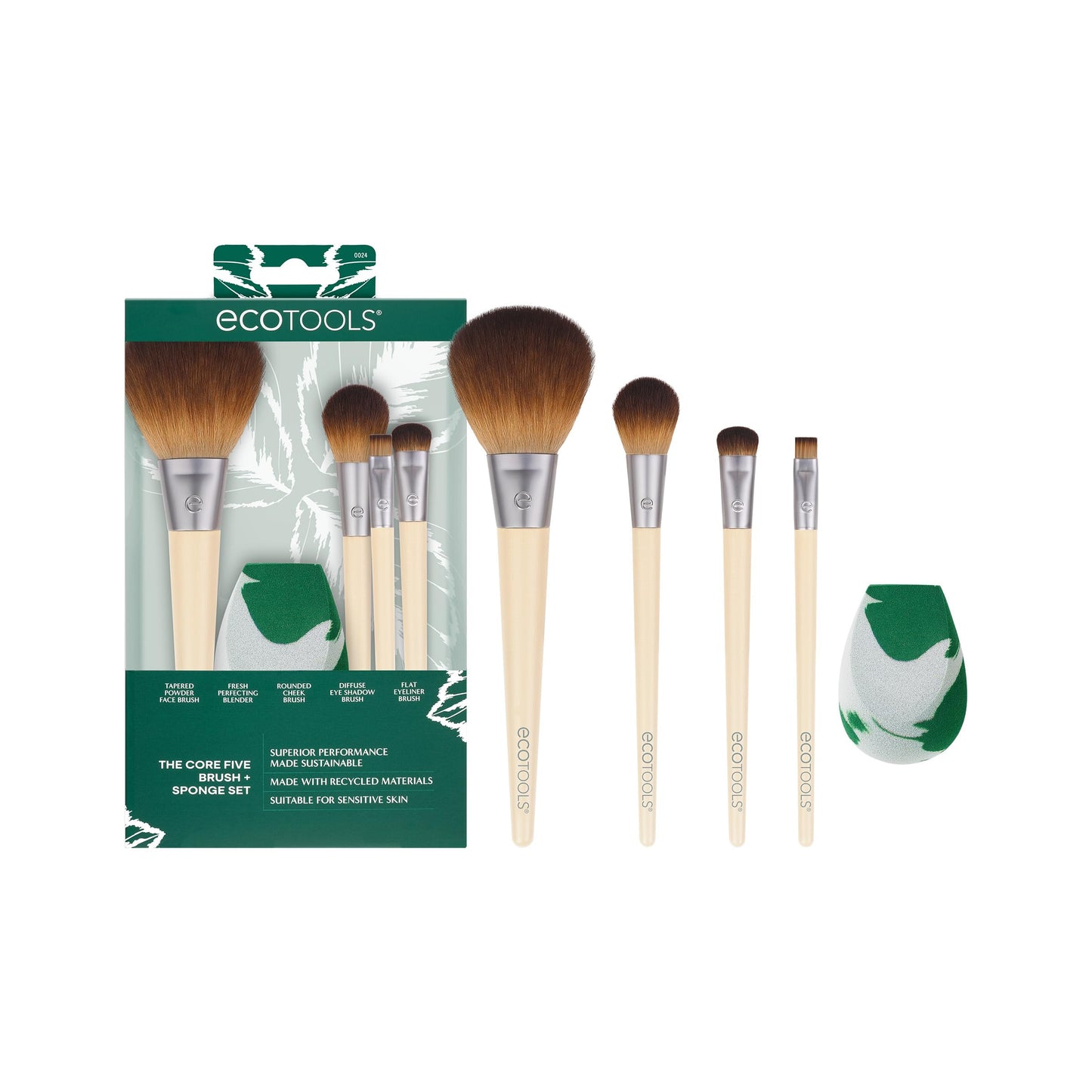 EcoTools Core Five Makeup Brush and Sponge Kit, For Eyeshadow, Blush, Bronzer, Eyeliner, & Foundation, Makeup Blending Sponge For Liquid & Cream Products, Essential Eco Friendly Brushes, 5 Piece Set