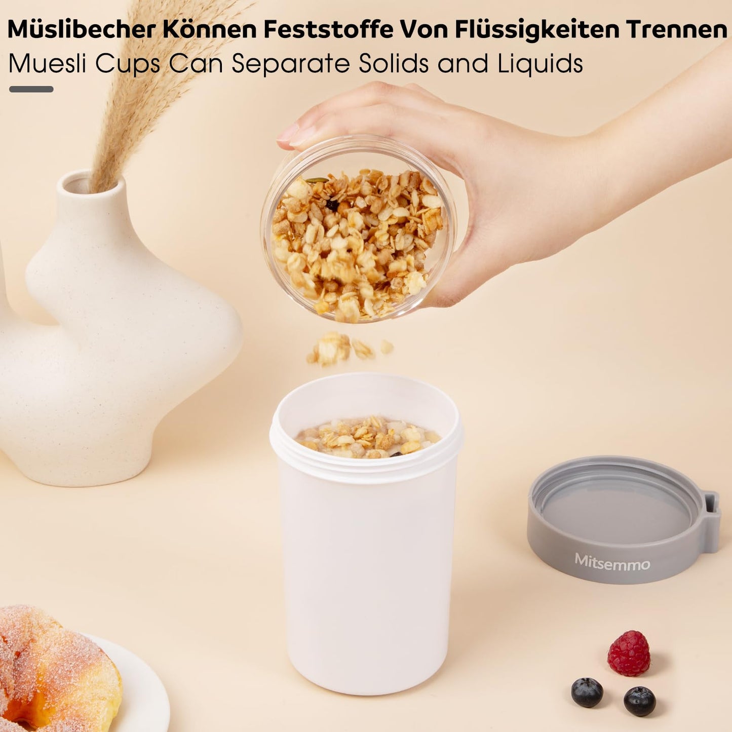 Yogurt Parfait Cups With Lids and Spoons,Breakfast On The Go,Portable Cereal Container To Go,Travel Cereal Bowl and Milk Container,Overnight Oats Snack Container & Salad Dressing/Granola Holder(White)