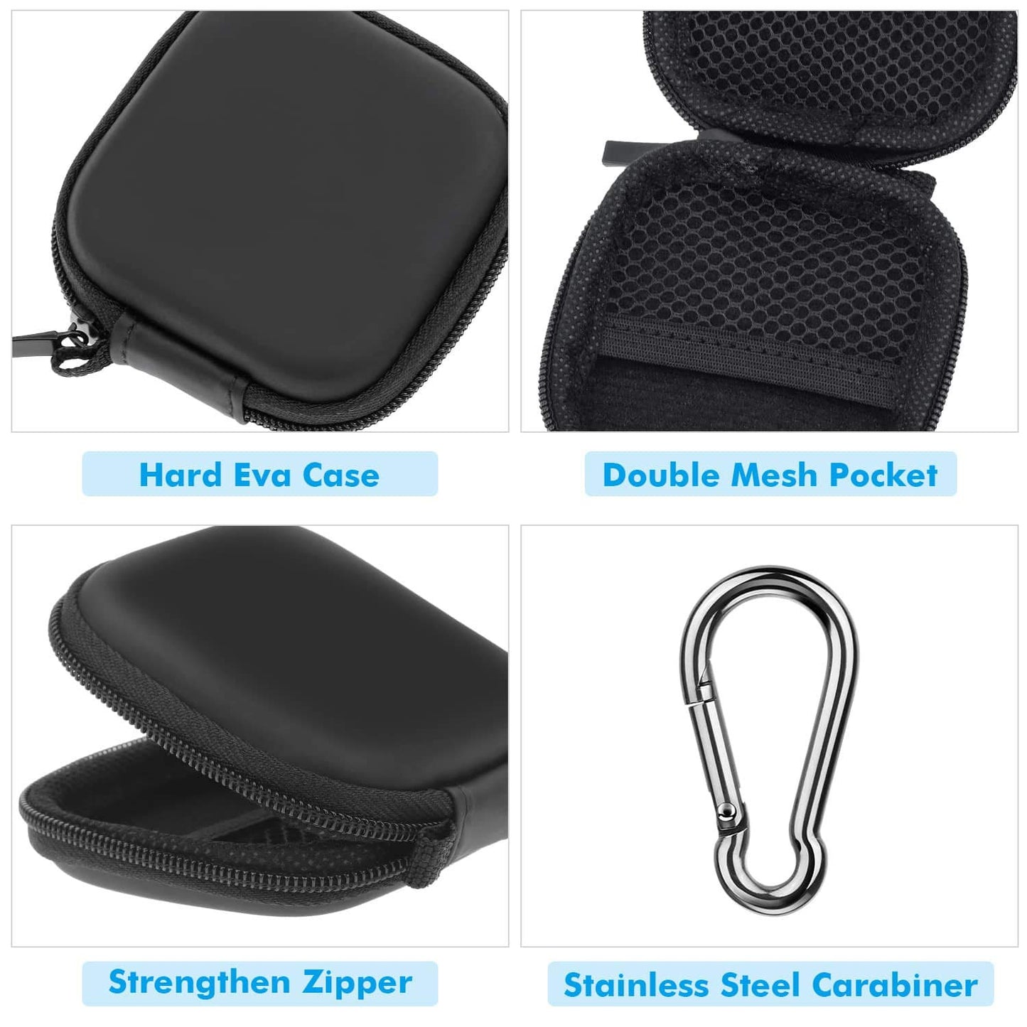 Earbud Case, Earphone Case Headphone EVA Earbud Holder with Stainless Steel Carabiner Cell Phone Accessories Organizer Mini Earbud Pouch for Wireless Earbuds, Bluetooth Headset, SD Memory Card