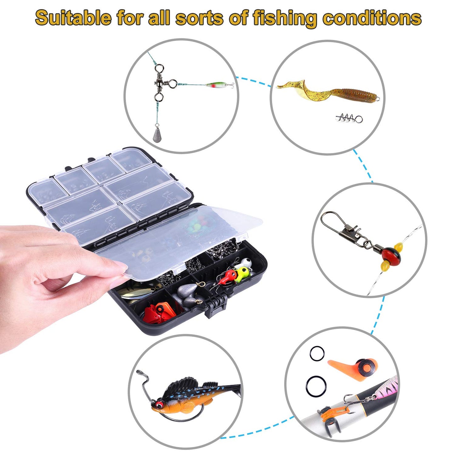 TOPFORT 187/343 piezas Kit de accesorios de pesca, caja de aparejos de pesca con aparejos incluidos, anzuelos, pesas de plomo para fundición de lubina, broches giratorios de pesca, toboganes de plomo, equipo y equipo de pesca