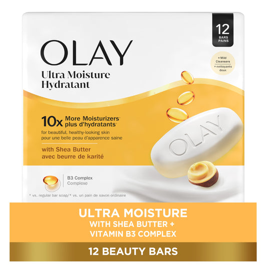 Olay Outlast Ultra Moisture Beauty Soap Bar, 10x More Moisturizers, Nourishing Conditioners, Vitamin B3 Complex, 3.17 oz (Pack of 12)