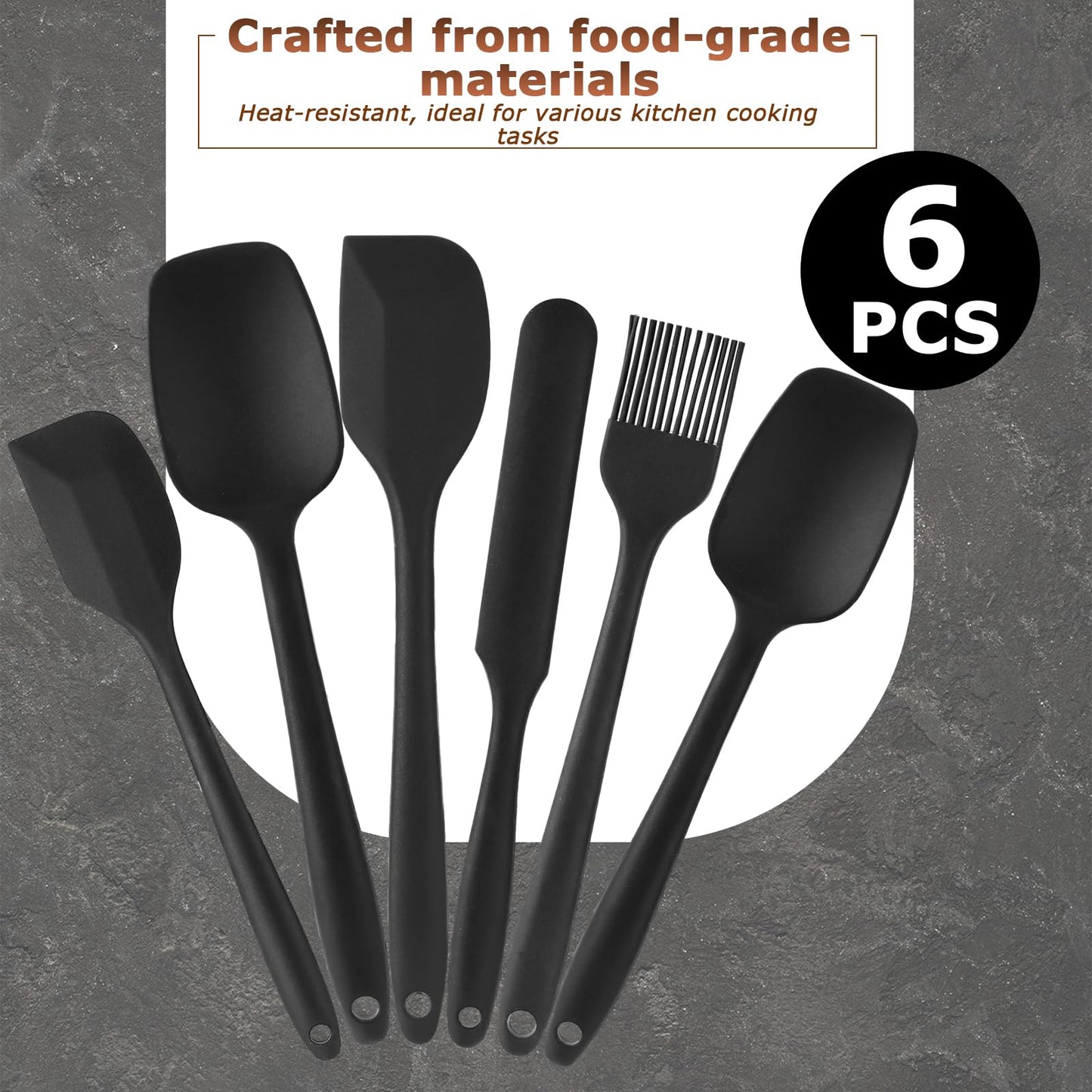 HANSGO 6PCS Silicone Spatula Set, Rubber Spatula High Heat-Resistant One Piece Seamless Design Cooking Spatulas Kitchen Utensils Set for Kitchen Cookware Cooking Baking Mixing Black