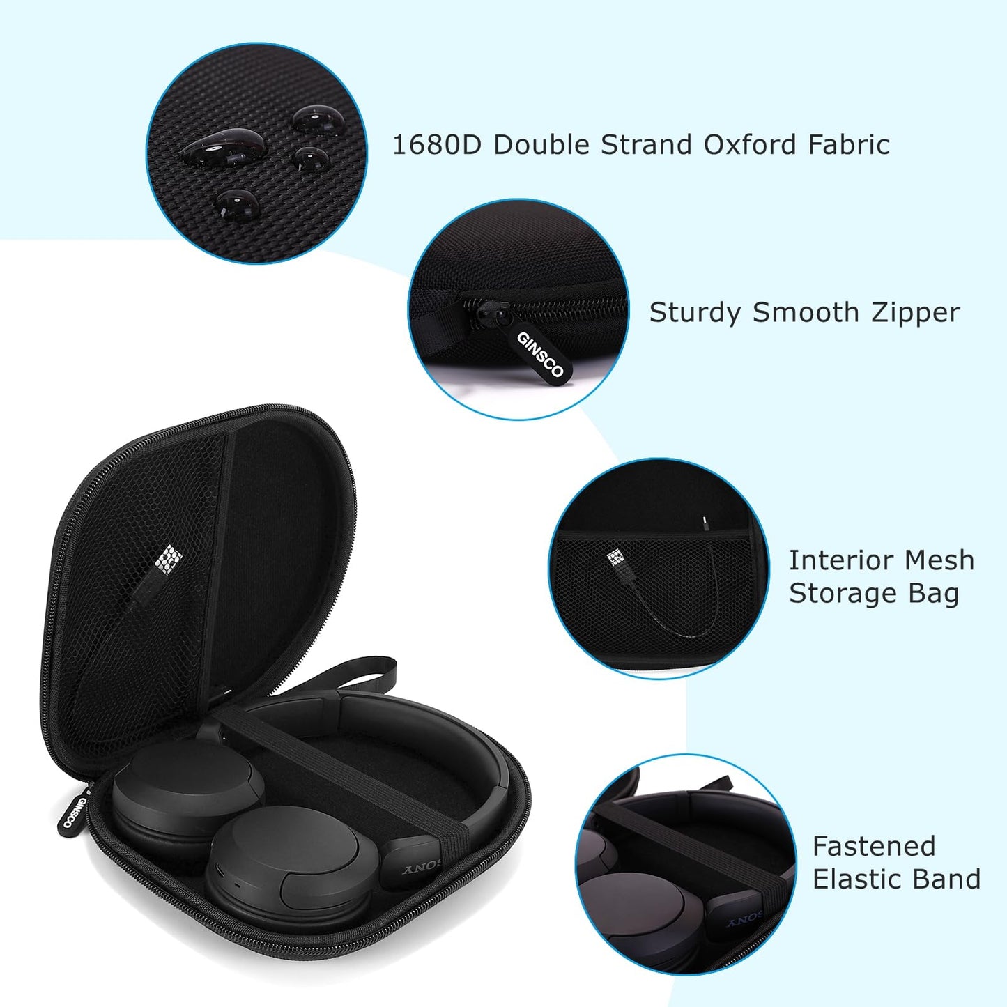 Ginsco Headphone Case Compatible with JBL Tune 510BT/520BT/500BT with Sony WH-CH520/510, Slim Hard Shell Headphone Case for On Ear Headphones (Black)