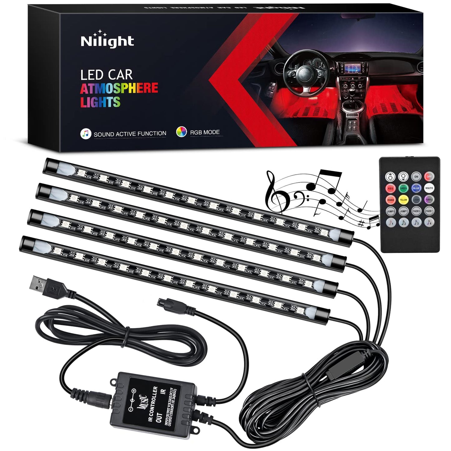 Bande lumineuse musicale multicolore Nilight 48 LED DC 5 V pour voiture, kit d'éclairage sous le tableau de bord avec fonction sonore active et télécommande sans fil, garantie de 2 ans, 4 lumières intérieures USB