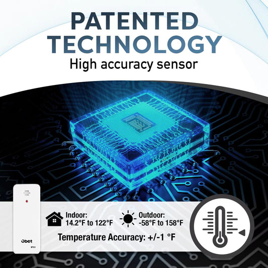 Termómetro inalámbrico para interiores y exteriores OBET, termómetro digital para exteriores, medidor de temperatura remoto de 500 pies para casa, habitación, patio, B61, color negro
