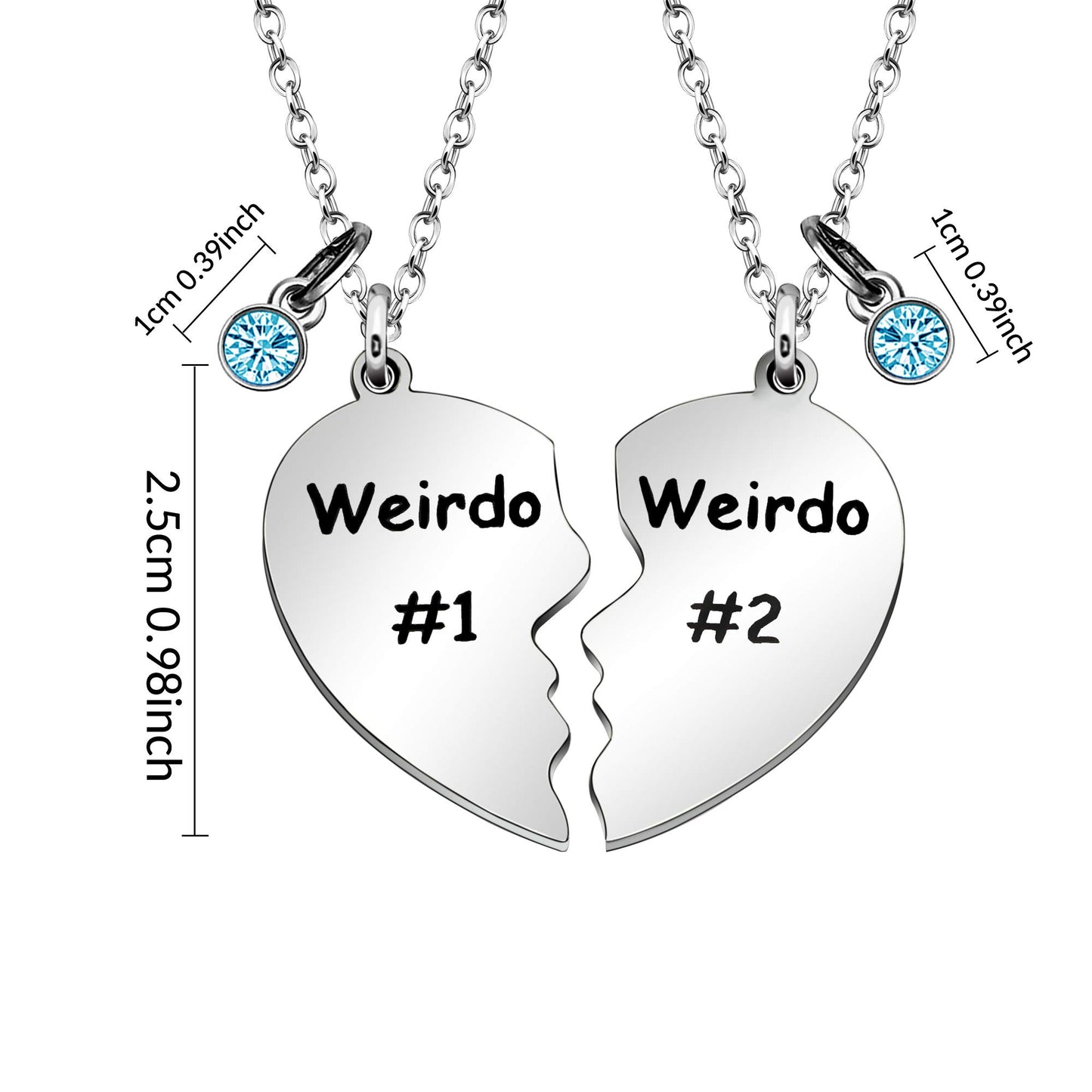 Regalo de amistad, collar con colgante de acero inoxidable con forma de corazón dividido de Weirdo 1 y Weirdo 2, regalo para la mejor amiga (cristal azul)