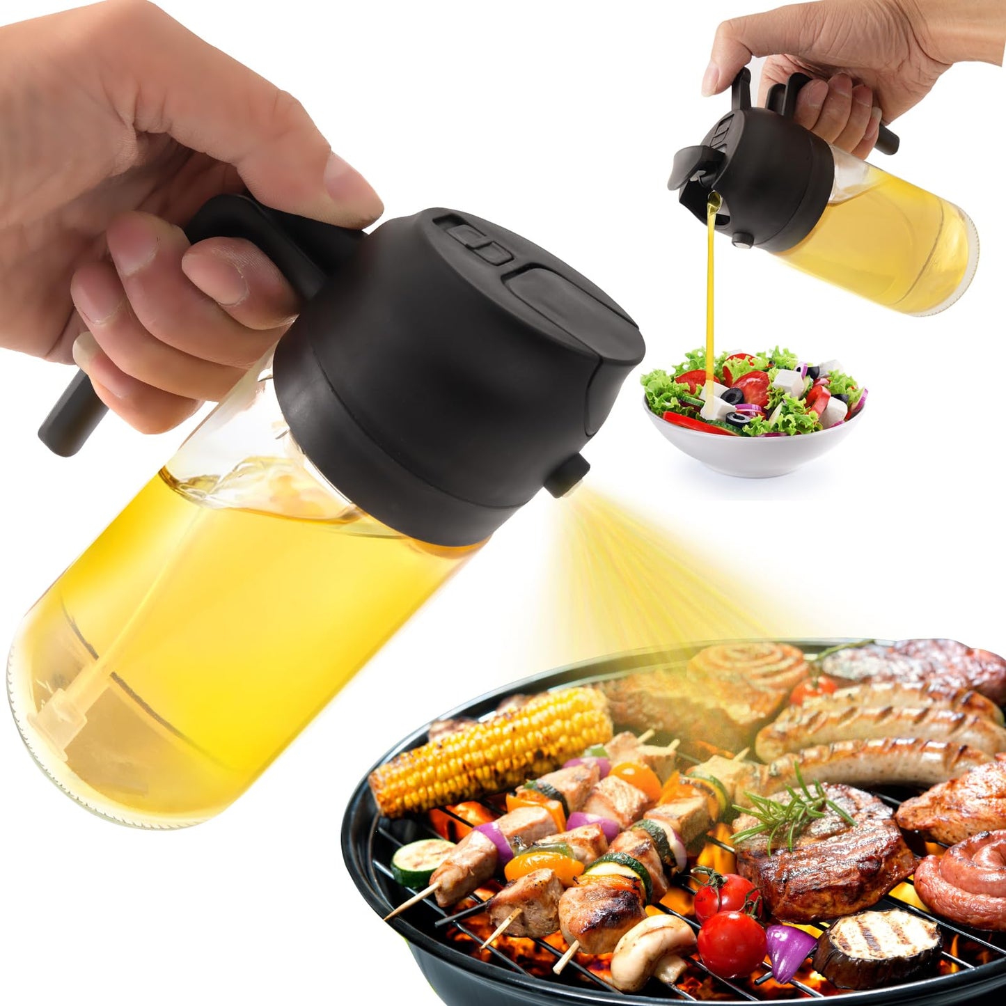 Pulverizador y dispensador de aceite de vidrio 2 en 1 mqnxoi, pulverizador de aceite de oliva de vidrio de 470 ml, pulverizador de aceite de cocina, ensalada, pulverizador de aceite de 16 oz para botella de aceite - Aparatos de cocina