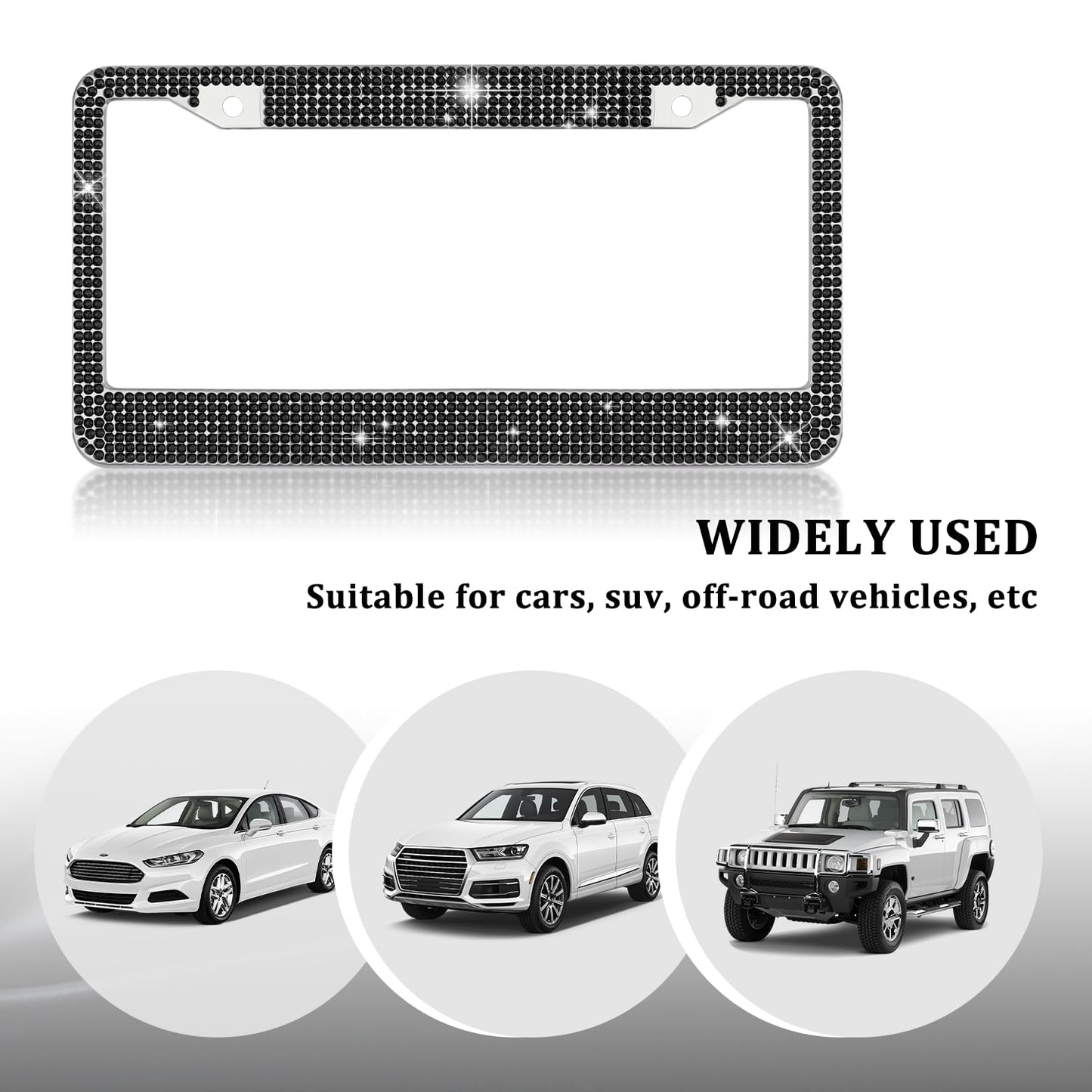 Bling Diamond License Plate Frame,Universal Stainless Steel License Plate Holder Fits U.S. Standard 2 Holes Model,Sparkle License Plate Frames Bling Car Accessories for Women (Black)