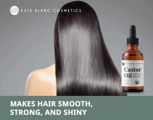 Kate Blanc Cosmetics Castor Oil Organic (2oz), 100% Pure, Cold Pressed, Hexane Free. Stimulate Growth for Hair, Eyelashes, Eyebrows. Hair Treatment Starter Kit & Skin Moisturizer