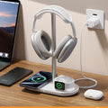 HiWe 3-in-1 Headphone Stand - Universal Desktop Gaming Headset Holder with Wireless Charger for Phones/AirPods/iWatch, Aluminum Alloy Rod, Leather Pad, ABS Solid Base, White