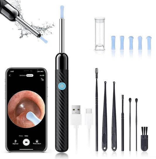 Ear Wax Removal - Earwax Remover Tool with 8 Pcs Ear Set - Ear Cleaner with Camera - Earwax Removal Kit with Light - Ear Camera with 6 Ear Spoon - Ear Cleaner for iOS & Android (Black)