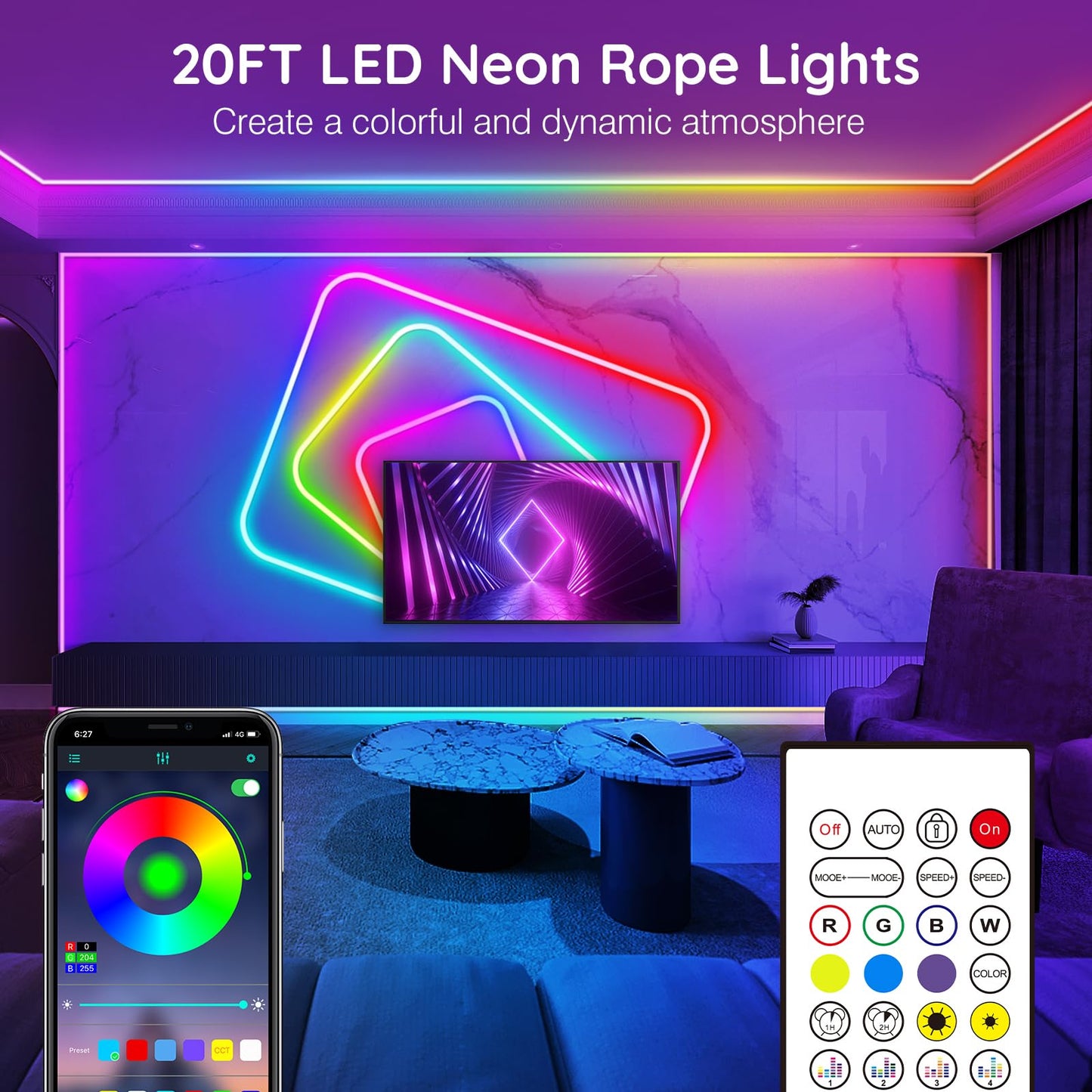 20Ft Neon Rope Lights,Flexible Led Rope Lights Control with App/Remote,Multiple Modes Rope Lights,IP65 Outdoor RGB Led Neon Lights Waterproof,Music Sync Gaming Led Neon Light Strip for Bedroom Decor