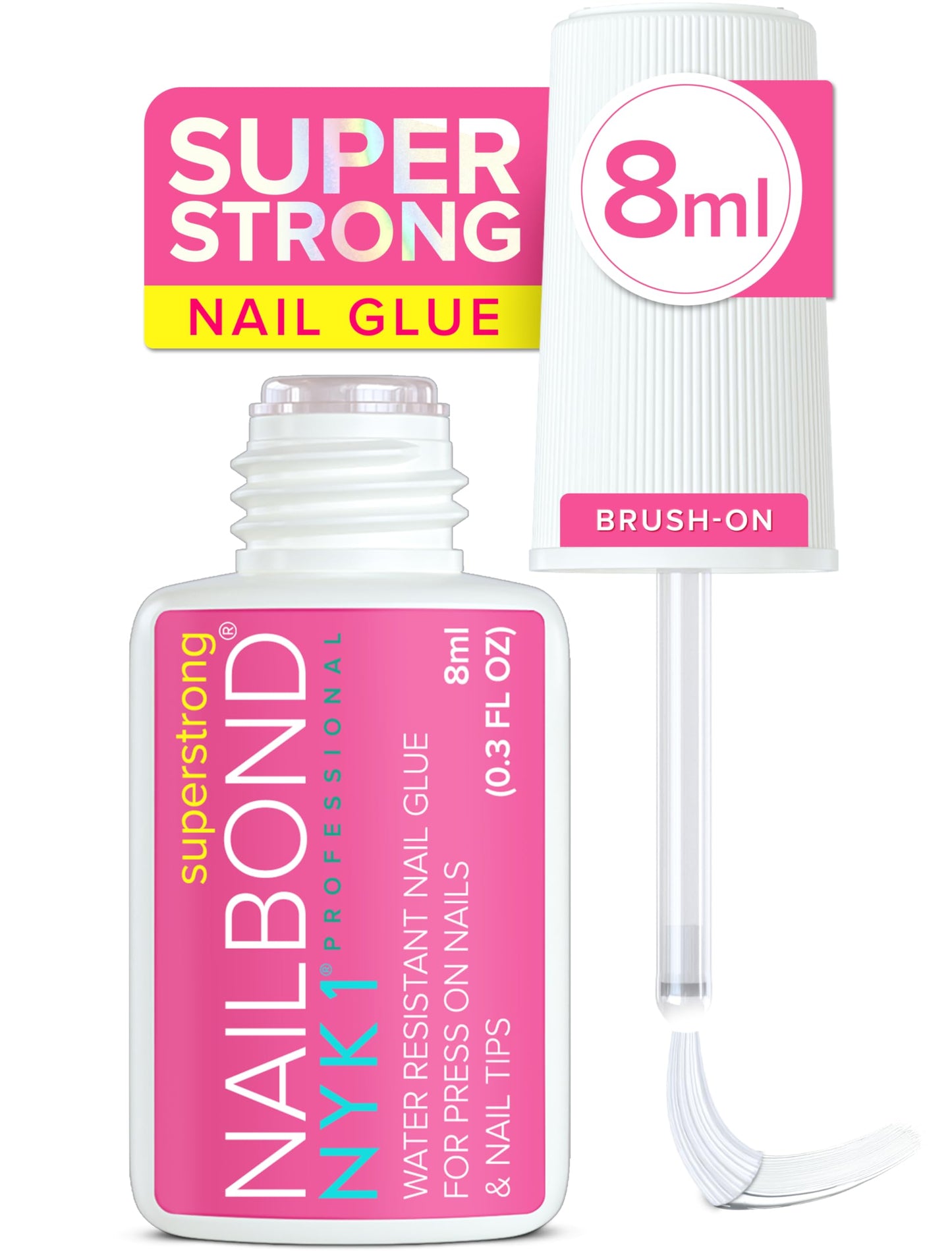 Super Strong Nail Glue for Press On Nails, Nail Tips & Acrylic Nails (8ml) NYK1 Nail Bond Brush On Nail Glue for Press Ons, Long Lasting Nail Glue for Acrylic Nails Fake Nails Tips Nail Glue